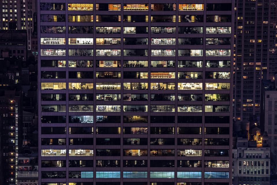 an office building illuminated at night